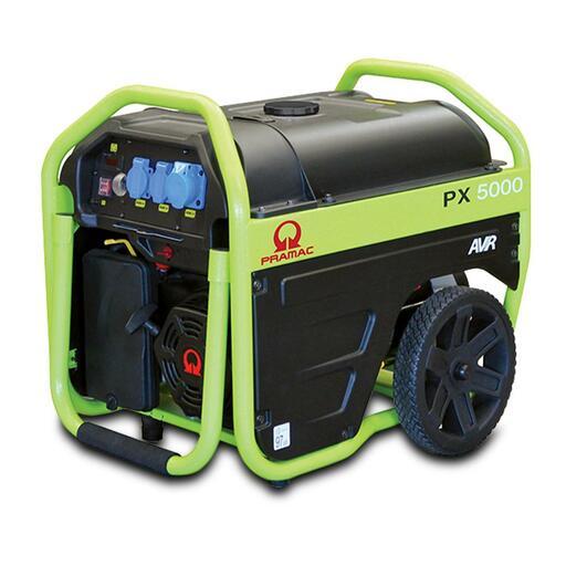 Portable generator with green frame and black body on a white background