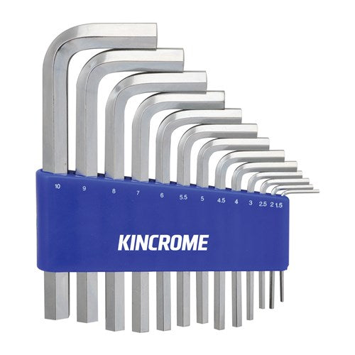 Kincrome K5111 Hex Key Set 13 Piece Metric Contents 13 Metric Hex Keys: 1.5, 2, 2.5, 3, 4, 4.5, 5, 5.5, 6, 7, 8, 9, 10mm (Not sold individually)