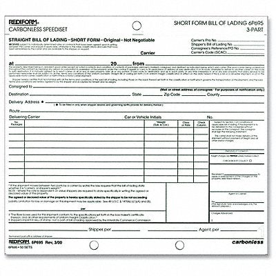 REDIFORM 6P695 Bill of Lading Form 3-Part PK50