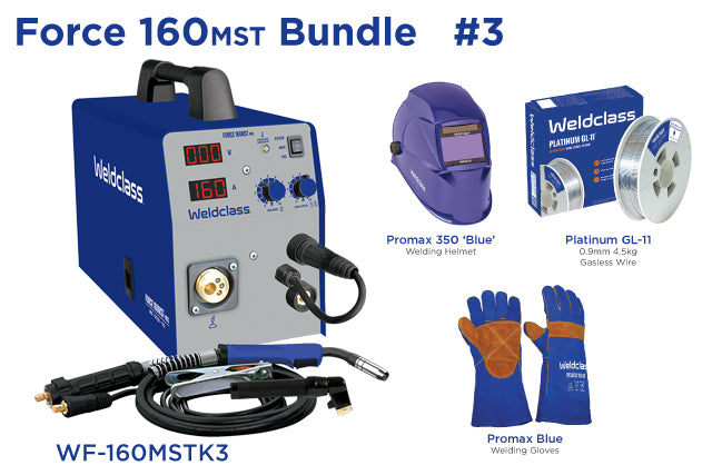 Weldclass WF-160MSTK3 Welder MIG/Stick/TIG FORCE 160MST Bundle with Gasless Wire, Helmet, Gloves