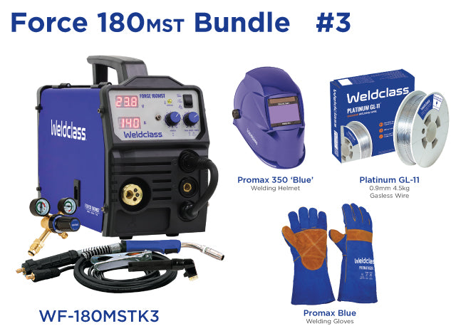 Weldclass WF-180MSTK3 Welder MIG/Stick/TIG FORCE 180MST Bundle with Gasless Wire, Helmet, Gloves