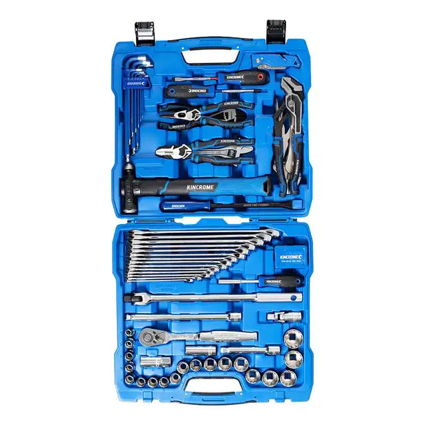 Blue tool kit with various tools inside on a white background