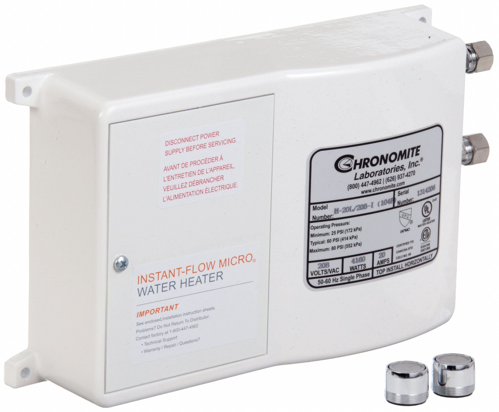 CHRONOMITE LABS M20L208HTR104FI Electric Tankless Water Heater 208V