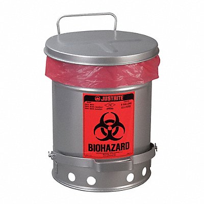 JUSTRITE 5914 Biohazard Waste Container 6 gal Silver
