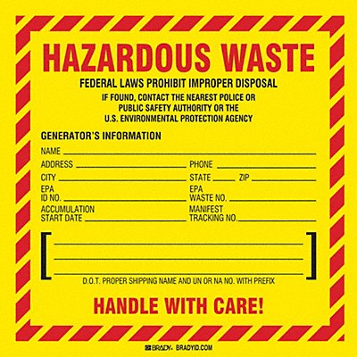 BRADY 121151 DOT Handling Label Waste 6 W PK100