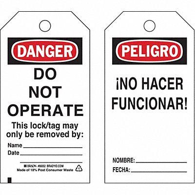 BRADY 65670 Danger Bilingual Tag 5-1/2 x 3 In PK25