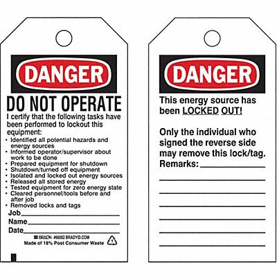 BRADY 65450 Danger Tag 5-3/4 x 3 In Cardstock PK25