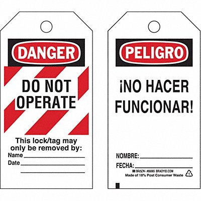 BRADY 65453 Danger Bilingual Tag 5-3/4 x 3 In PK25