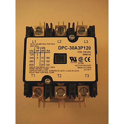 RELAY AND CONTROL CORP. DPC30A3P120 Definite Purpose Contactor 30A 3-Pole 120VAC