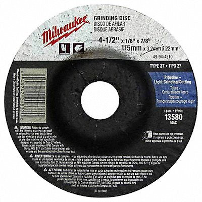 MILWAUKEE 49944510 Grinding Disc 4-1/2 X1/8 X7/8