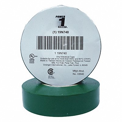 GRAINGER 19N740 Elec Tape 66 ft Lx3/4 in W 7 mil Green