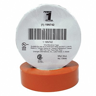 GRAINGER 19N742 Elec Tape 66 ft Lx3/4 in W 7 mil Orange