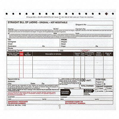JJ KELLER 968 Bill of Lading Form Reg Compliance PK250