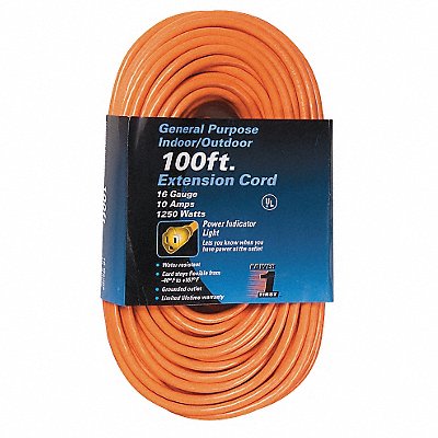 POWER FIRST 1FD54 Lighted Extension Cord 100ft 16Ga 10A SJTW Orange