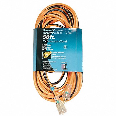 POWER FIRST 1FD55 Lighted Extension Cord 50ft 14Ga 15A SJTW Org/Blk