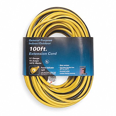 POWER FIRST 1FD57 Lighted Extension Cord 100ft 12Ga 15A SJTW Yel/Blk
