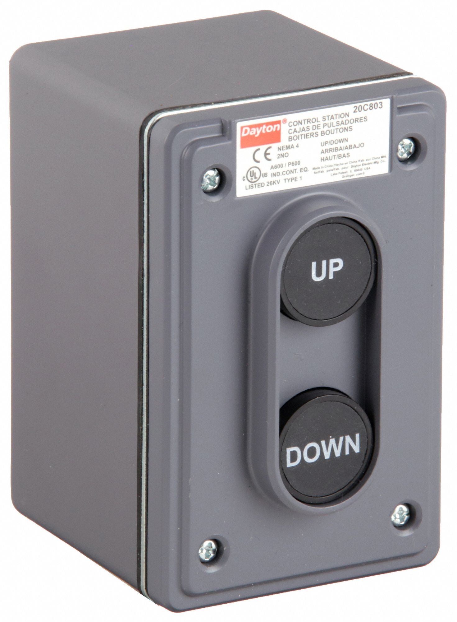 DAYTON 20C803 Control Station 2Push Buttons Blk 2NO