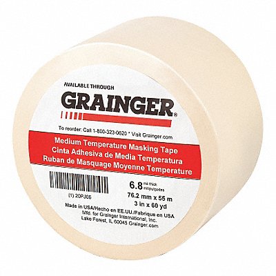 GRAINGER 20PJ06 Masking Tape 3 W 60 yd L Tan