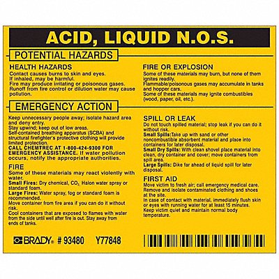 BRADY 93480 Chemical Label 3-3/4inHx4-1/2inW PK25