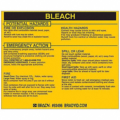 BRADY 93496 Chemical Label 3-3/4inHx4-1/2inW PK25