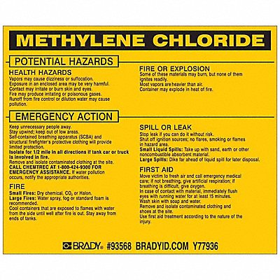 BRADY 93568 Chemical Label 3-3/4inHx4-1/2inW PK25
