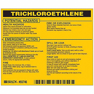 BRADY 93746 Chemical Label 3-3/4inHx4-1/2inW PK25