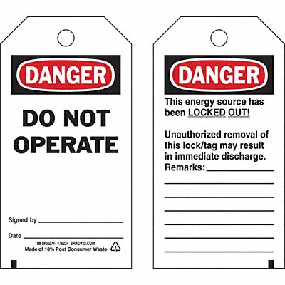 BRADY 76224 Danger Tag 5-1/2inHx3inW Poly Brass PK25