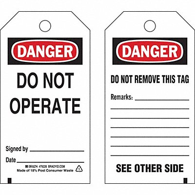 BRADY 76226 Danger Tag 5-1/2inHx3inW Poly Brass PK25