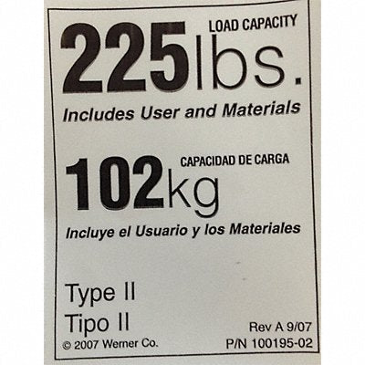 WERNER LDR225 Duty Rating Label Replacement 225 lb