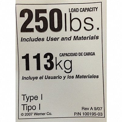 WERNER LDR250 Duty Rating Label Replacement 250 lb
