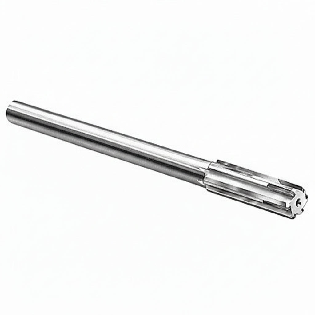 A silver-colored carbide-tipped chucking reamer with four flutes and a bright finish, straight and cylindrical in shape.