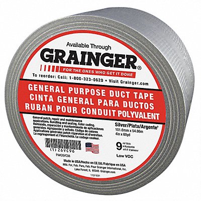 GRAINGER 26VC96 Duct Tape Grey 4 in x 60 yd 9 mil