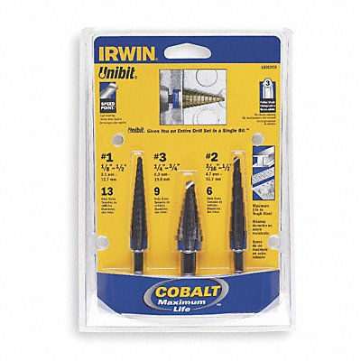 IRWIN 10502cb Step Drill Bit Set Cobalt 1/8-3/4 3 pc.