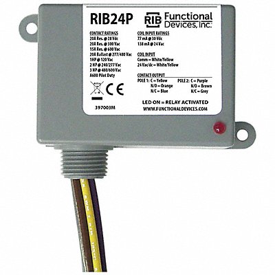 RIB RIB24P Pre-Wired Relay 24VAC/DC DPDT 20A