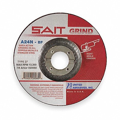 UNITED ABRASIVES-SAIT 20070 Depressed Grinding Wheel 7/8 CN Unthreaded Hole