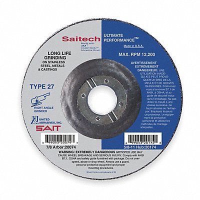 UNITED ABRASIVES-SAIT 20064 Depressed Grinding Wheel 7/8 CN Unthreaded Hole