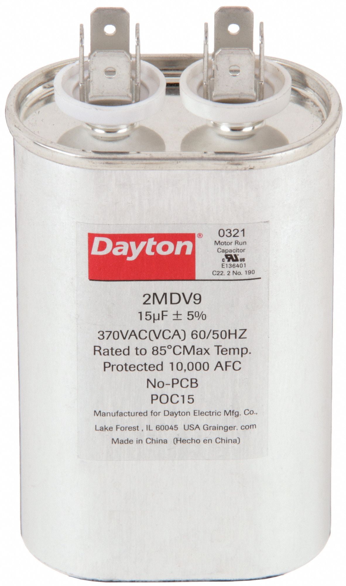 DAYTON 2MDV9 Motor Run Capacitor 15 MFD 3 35/64  H