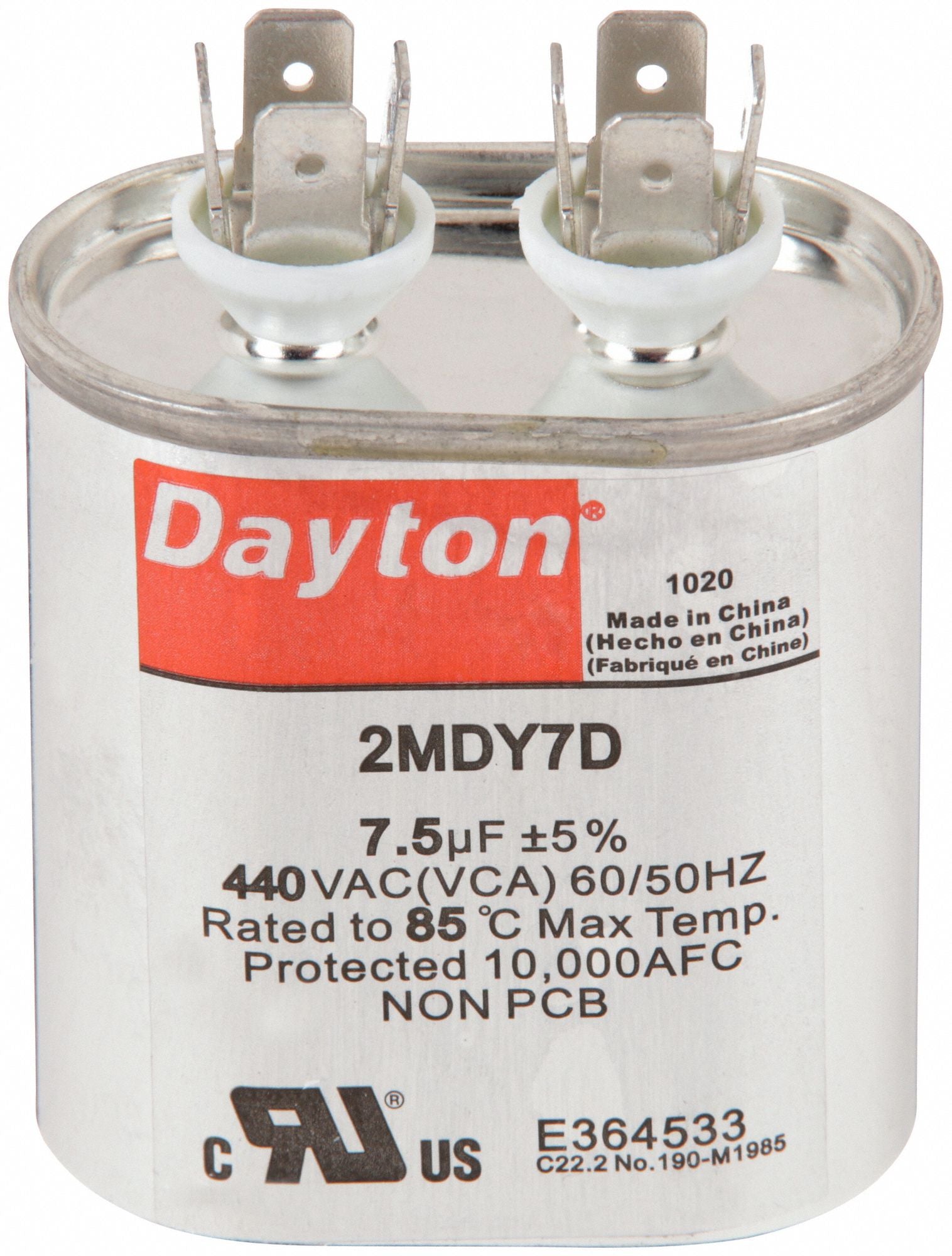 DAYTON 2MDY7 Motor Run Capacitor 7.5 MFD 2 11/16  H