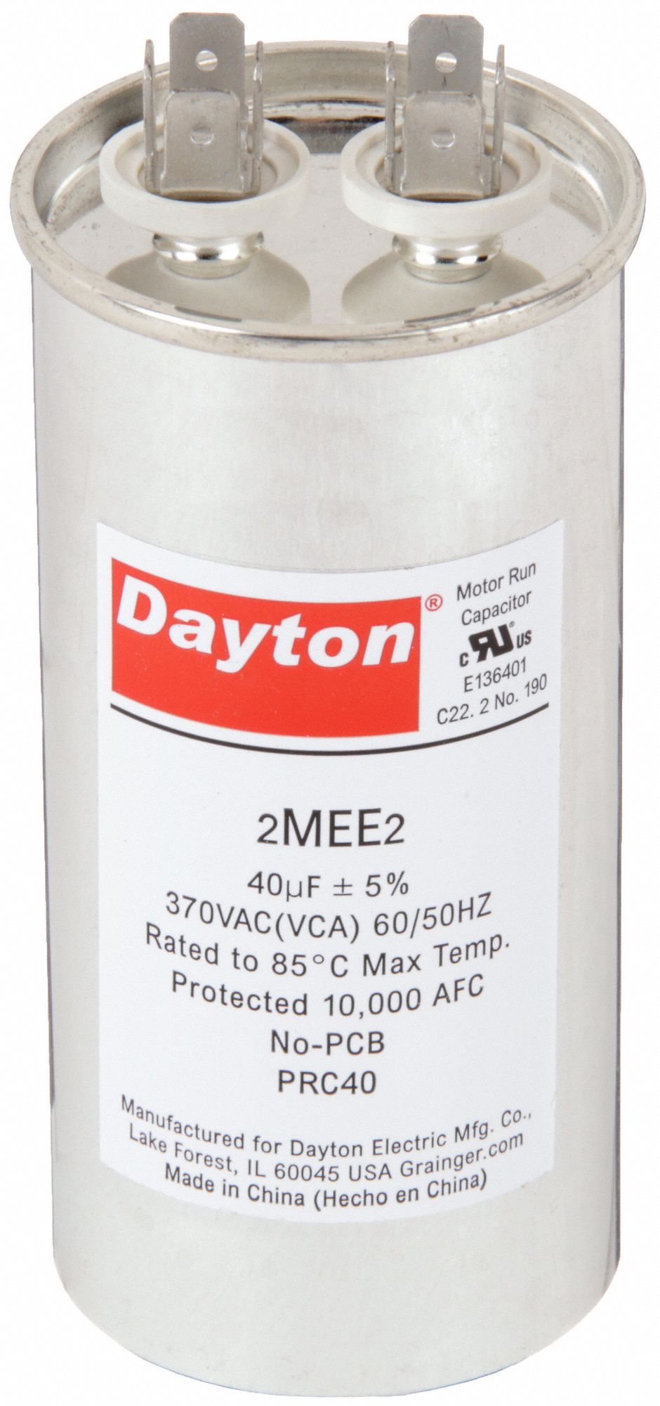 DAYTON 2MEE2 Motor Run Capacitor 40 MFD 4 7/16  H