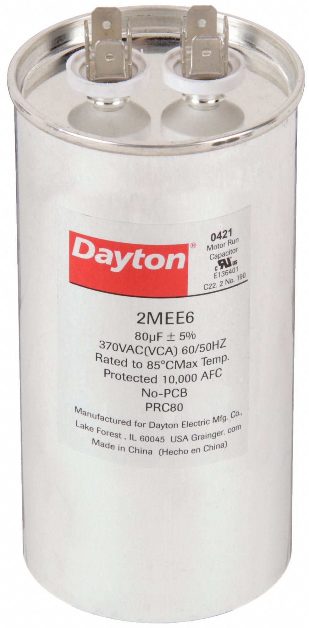 DAYTON 2MEE6 Motor Run Capacitor 80 MFD 4 7/16  H