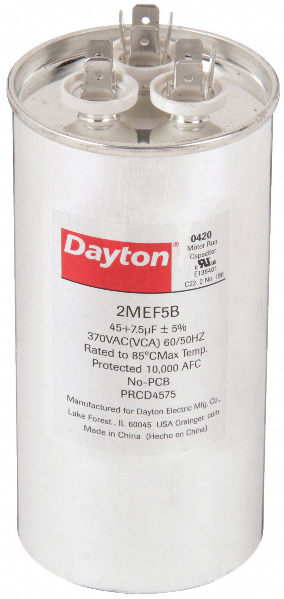 DAYTON 2MEF5 Dual Run Capacitor 45/7.5 MFD 5 1/4 H