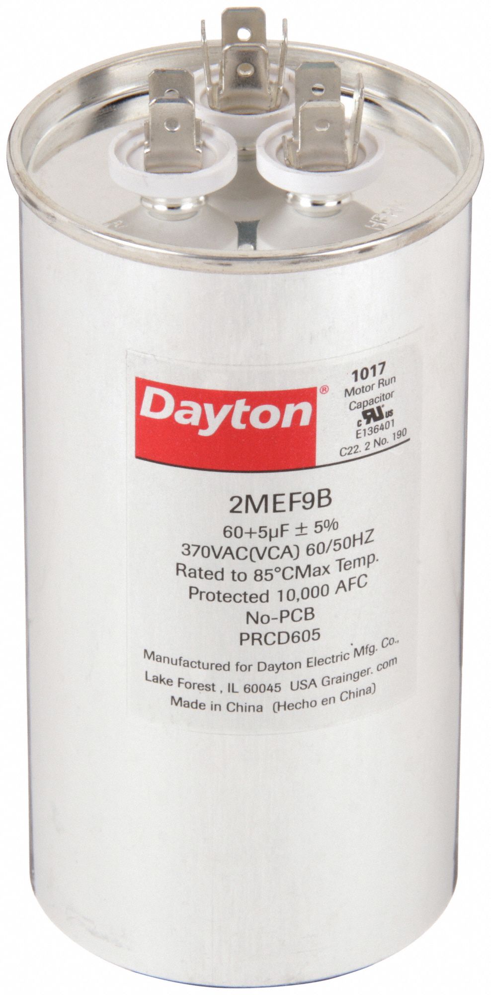 DAYTON 2MEF9 Dual Run Capacitor 60/5 MFD 5 1/4 H