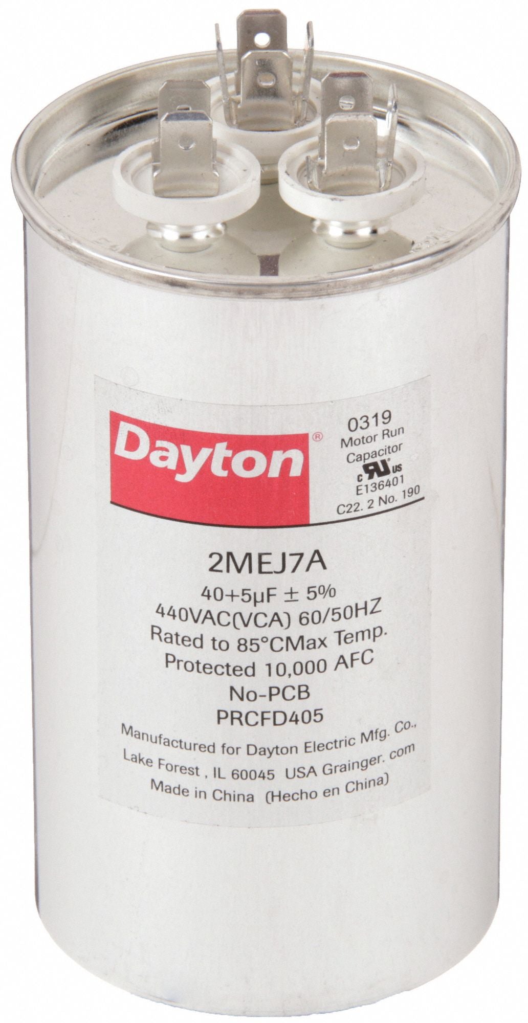 DAYTON 2MEJ7 Dual Run Capacitor 40/5 MFD 4 5/8 H
