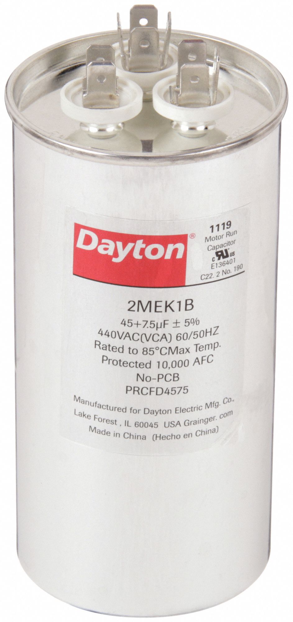 DAYTON 2MEK1 Dual Run Capacitor 45/7.5 MFD 5 1/4 H
