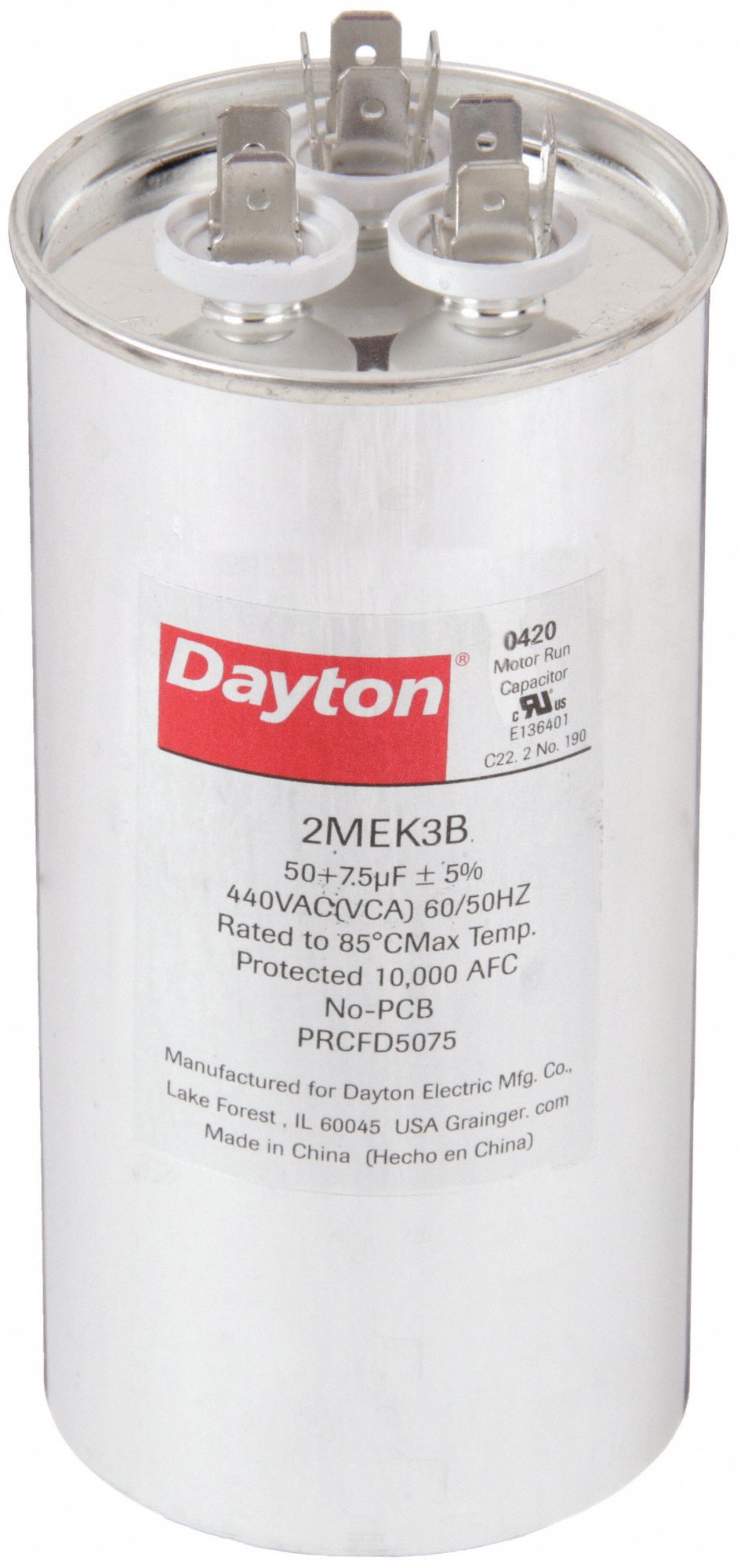 DAYTON 2MEK3 Dual Run Capacitor 50/7.5 MFD 5 1/4 H