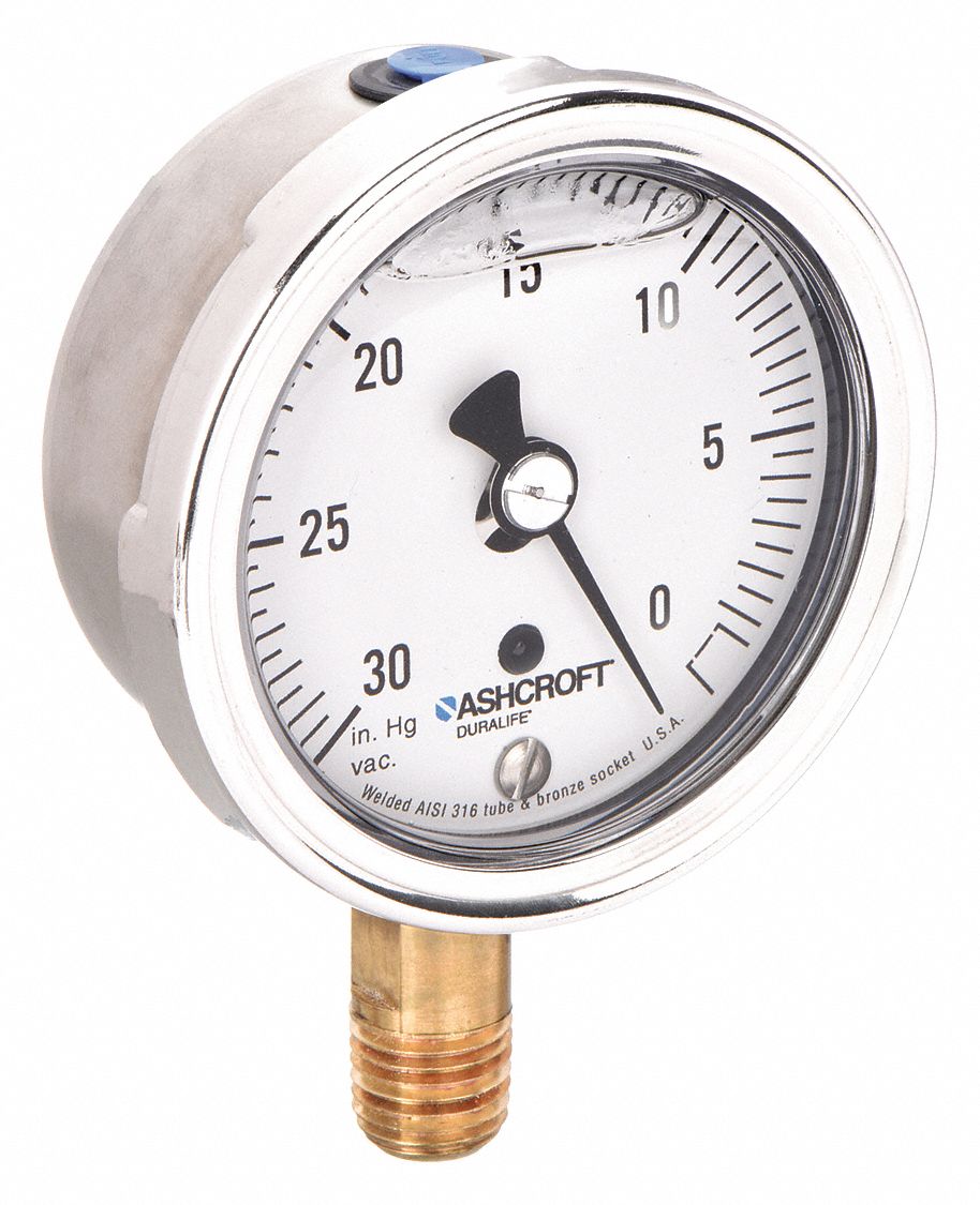 ASHCROFT 251009AWL02LVAC Gauge Vacuum 30in Hg VAC to 0 Glycerin