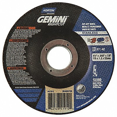 NORTON 66252841912 Depressed Centre Cut Off Wheel 7/8 CN Unthreaded Hole
