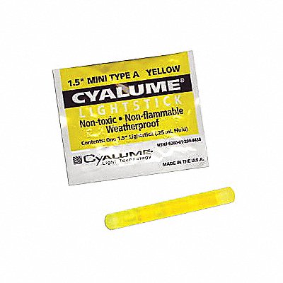 CHEMLIGHT BY CYALUME TECHNOLOGIES 944350PF Lightstick Yellow 4 hr 1-1/2 in L PK50