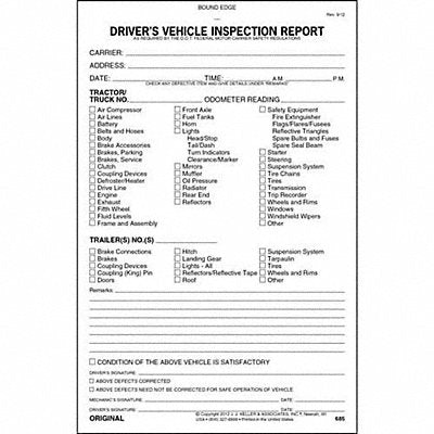 JJ KELLER 685 Vehicle Inspection Form 2 Ply W/Carbon