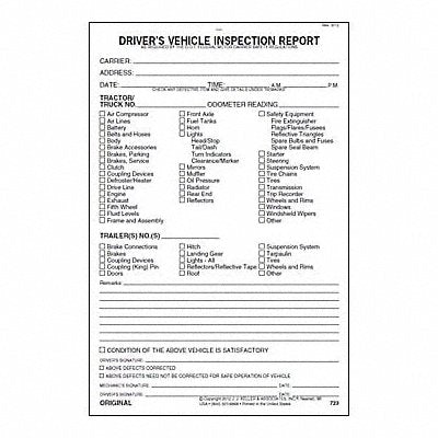 JJ KELLER 723 Vehicle Inspection Form 3 Ply W/Carbon